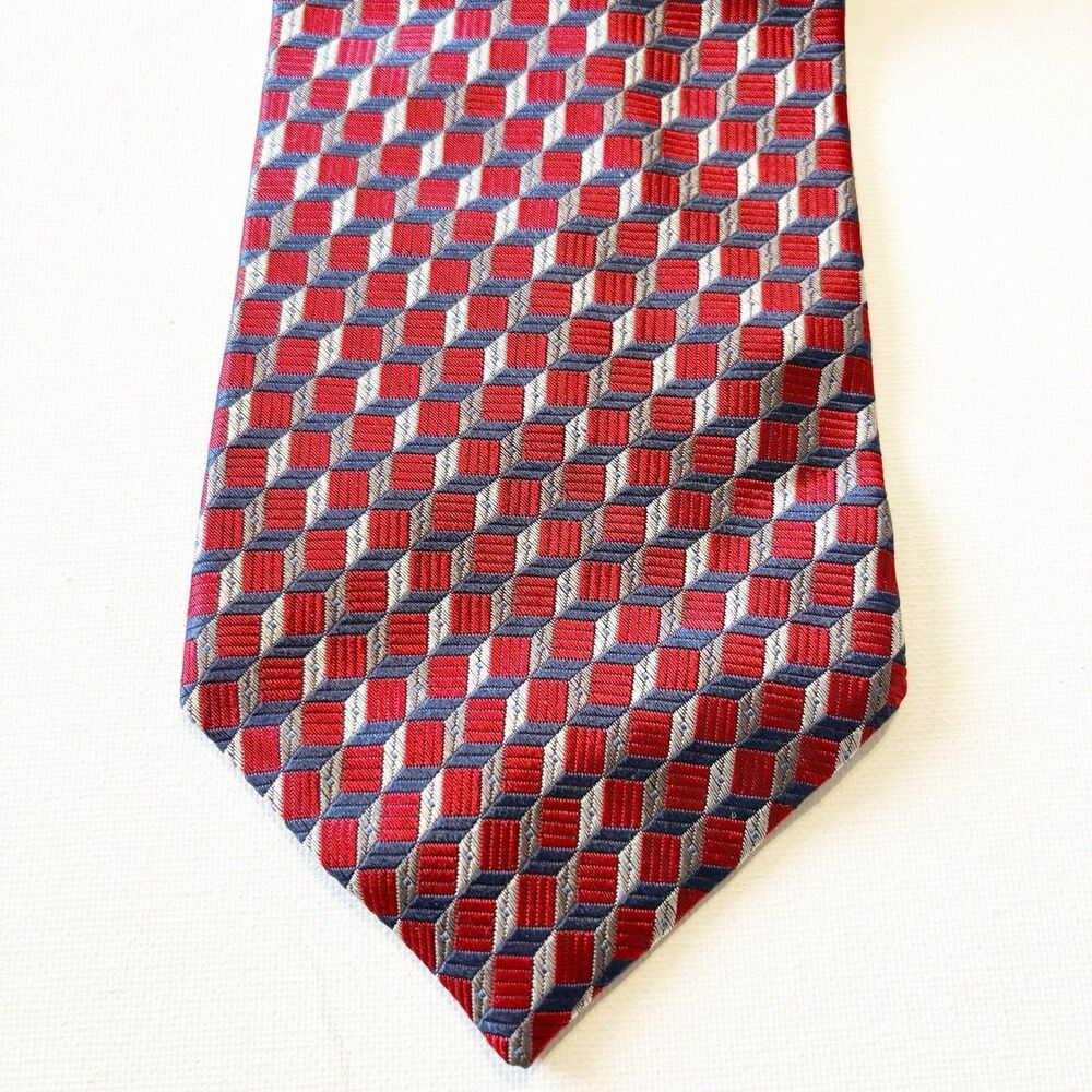 Geoffrey Beene Neck Tie 100% Silk Red Blue Geometric Business Attire Classic